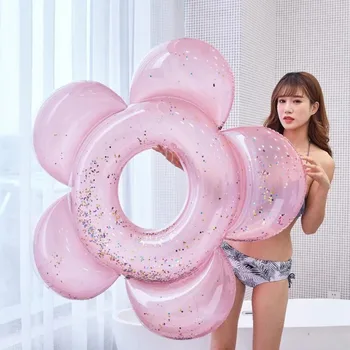 

Inflatable Swim Rings Sun Flower with Glitter Swimming Circle Sparkles Pool Float Inflatable Tube Summer Party Toys Air Mattress