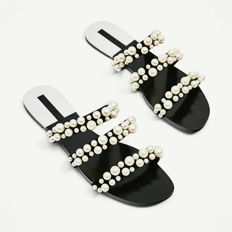 

Dropshipping Summer Beach Party Dress Women Shoes Fulgurant Pearl Sandals Thin Belt Roman Flat Women Flip Flops Casual Slippers