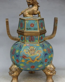 

USPS to USA S1713 Royal Tibet Cloisonne Bronze Dragon Kylin Head Statue Lion Incense Burner Censer
