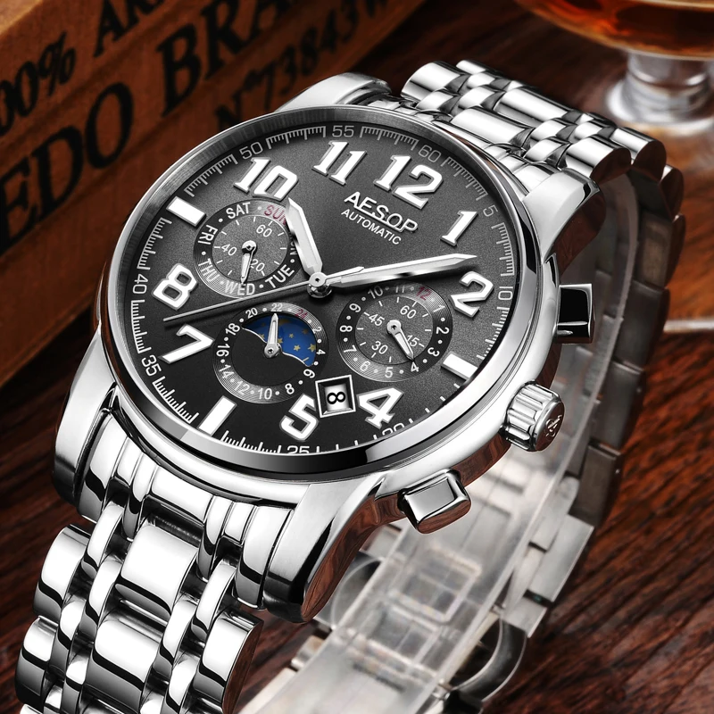 

AESOP Automatic Watch Men watches top brand luxury Male Clock Full steel hours Automatic Mechanical Watches Relogio Masculino