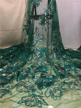 

Luxury Embroidered African French Net Lace Fabric With Stones Beads and Sequins For party Dress Green(XZS-4-19