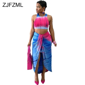 

Colorful Tie Dye Sexy 2 Pieces Sets Summer Clothes For Women O Neck Sleeveless Crop Top And Front Split Skirts Beach Tracksuits