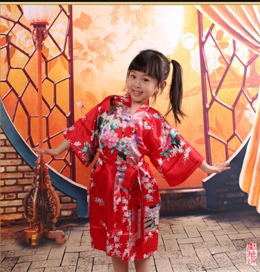 RB009 Павлин Детский халат атласное детское кимоно халат подружки невесты платье с цветочным узором для девочек шелковая Детская Пижама-халат кимоно халат