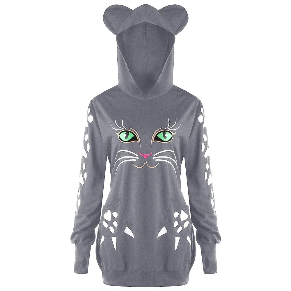

Womens Sweatshirt Cat Print Hoodie With Ears Hooded Pullover Tops high quality Cute Cat Print Sweatshirt