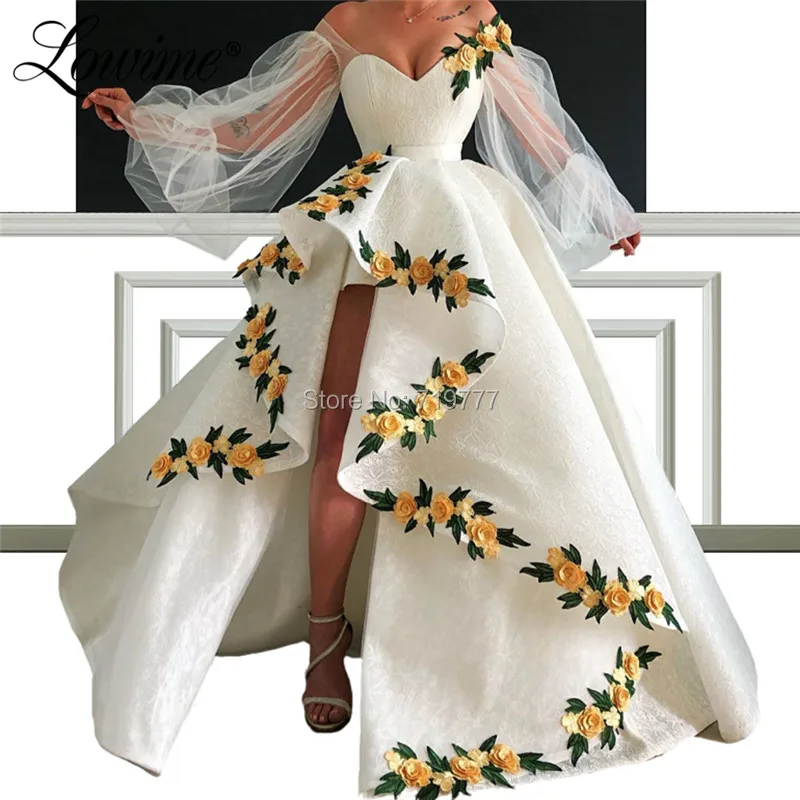

Applique Arabic Evening Dress High Low Formal Evening Gown Party Dress 2019 Custom Made Lace Long Sleeves Prom Dresses Vestidos