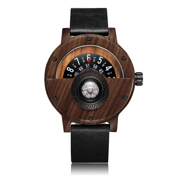 Креативные деревянные часы для мужчин, уникальный компас, поворотный стол, половинный циферблат, мужские часы, кожа, натуральное дерево, наручные часы, роскошные часы, Relogio - Цвет: Black Wood