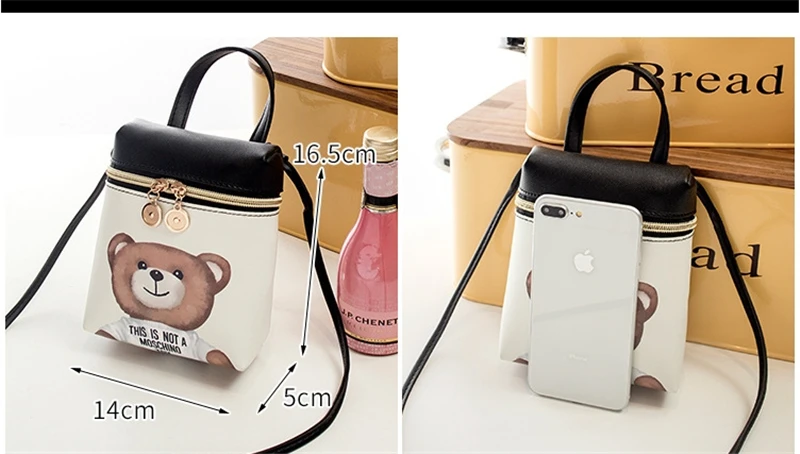 Изысканная Женская милая сумка-мессенджер с рисунком из мультфильма, сумка на плечо, сумка из искусственной кожи, маленький медведь, сумка для мобильного телефона