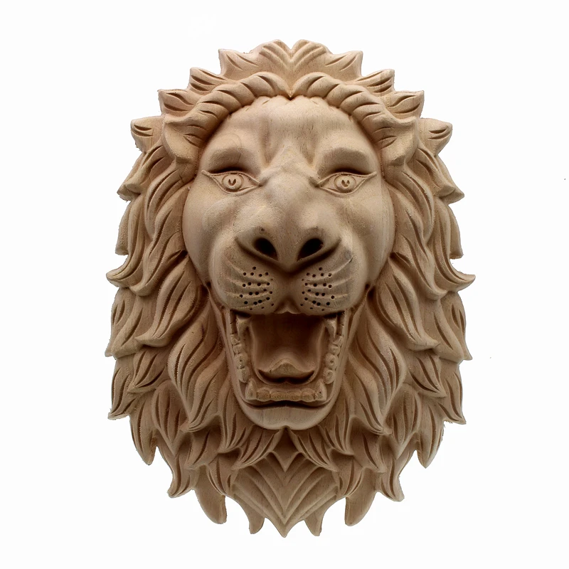 RUNBAZEF Woodcarving Lion Head Decal Corner Wood Applique For Home