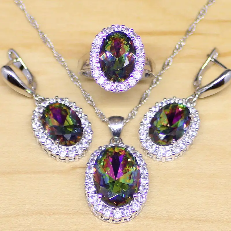 Rainbow Cubic Zirconia 925 Sterling Silver Jewelry Set For Women Wedding Rings