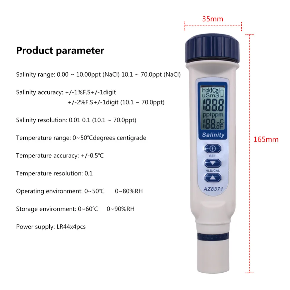 Водонепроницаемый AZ8371 IP65 соленомер проводимости ЖК-дисплей проводимость Ручка Тип Тестер морской воды 0-70 ppt детектор солености