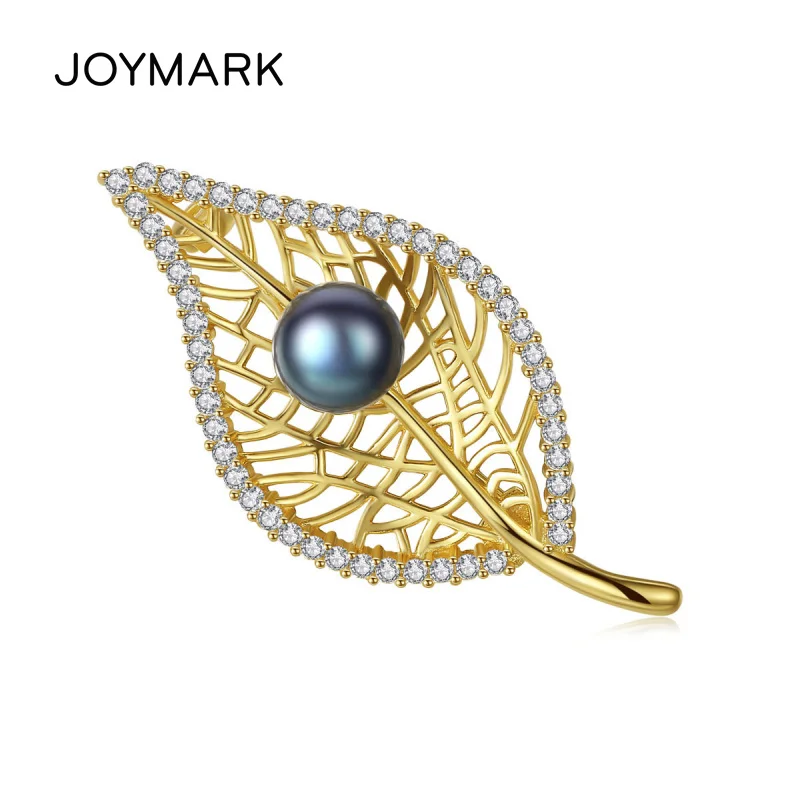 

Cubic Zirconia Leaf Shape Gray Black Pink Natural Freshwater Pearl Brooches Pins for Women 925 Sterling Silver Jewelry JPPB201