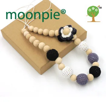 New wooden  Crochet flower necklace, classic black white grey color Nursing necklace breast feeding NW1874