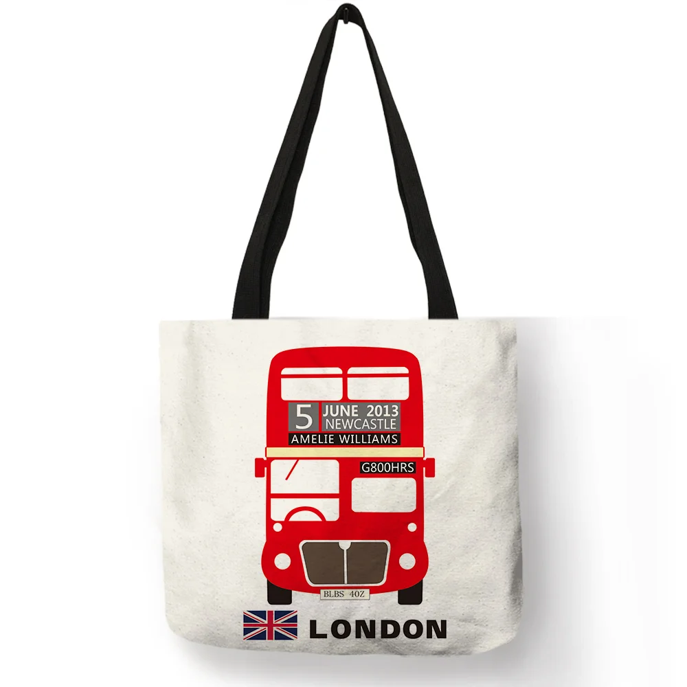 

British Style Handbags For Women Reusable Shopper Bag Retro Telephone Bus Print Shoulder Bags for School Traveling B10094