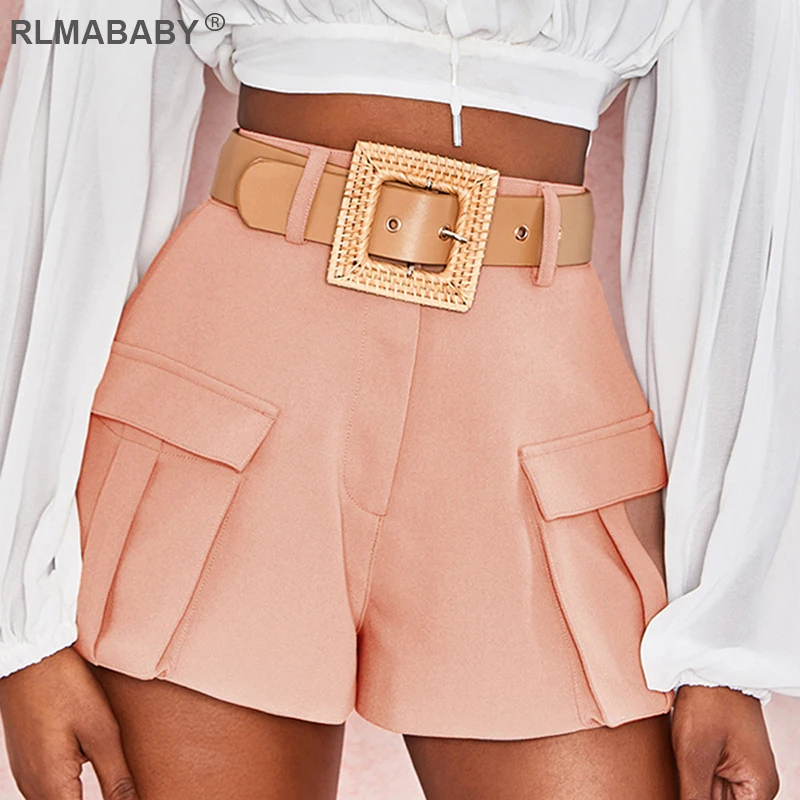 

RLMABABABY 2019 Mid-waist Pockets Pink Shorts Women Summer Button Short Feminino Casual Streetwear Short Mujer Flare Sexy Shorts