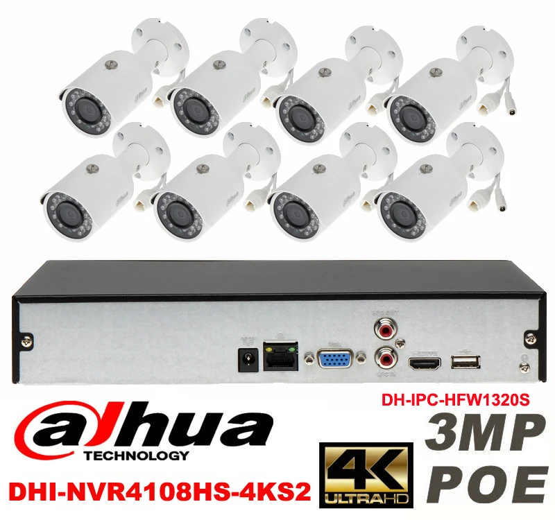 

Dahua original 8CH 3MP H2.64 DH-IPC-HFW1320S 8pcs bullet IP security camera POE DAHUA DHI-NVR4108HS-4KS2 Waterproof camera kit