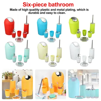 

6pcs Plastic Bathroom Accessory Set Wash Tool Suit Bath Set Mouthwash Toothbrush Holder Set Bath Waste Bin Soap Box Toilet Brush