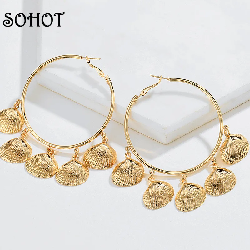 

SOHOT Classic Big Circle Women Hoop Earrings Bohemia Style Natural Shell Conch Pendant For Summer Beach Charming Jewelry Bijoux