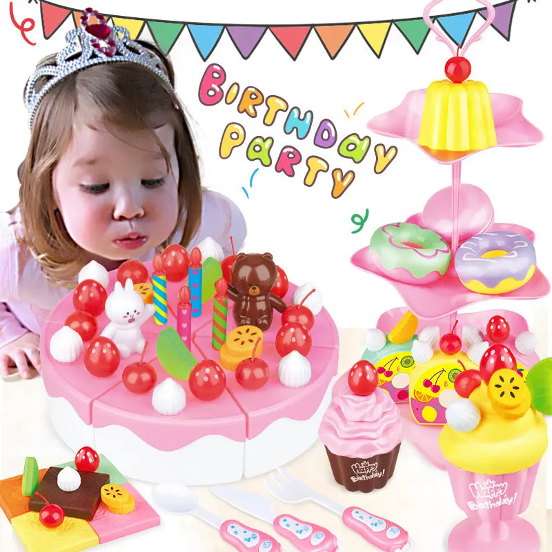 86Pcs DIY Pretend Play Fruit Cutting Birthday Cake Kitchen Food Cooking Toy Pink Blue Girls Gift for Children Kid Baby Best gift