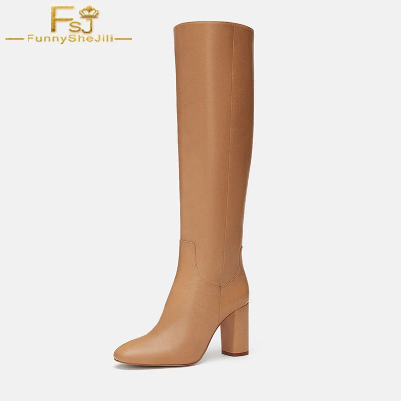 

FSJ Fashion 2018 Winter Warm Crimson Camel White High Square Heels Round Toe Knee High Boots Slip On Casual Shoes Woman Size 41