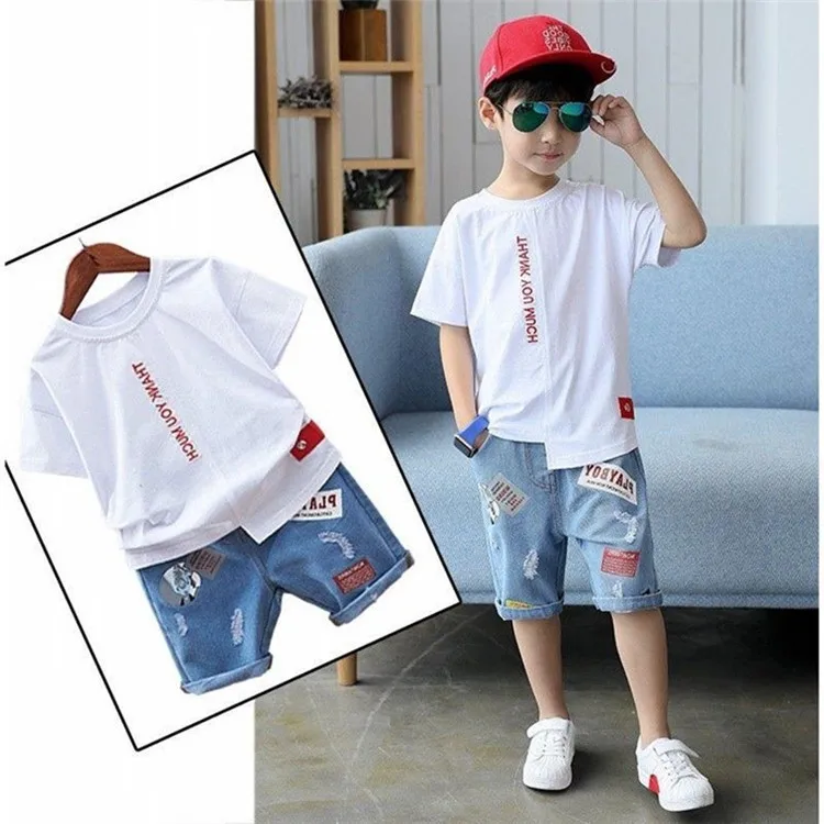 

2019 New Summer Children's Alphanumeric Printing Big Boy Cotton Knit Children's T-shirt + Denim Shorts Suit