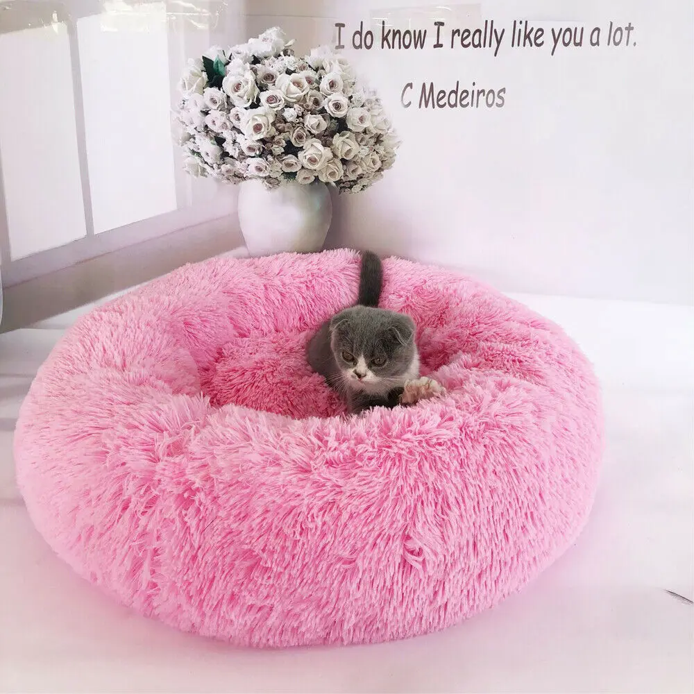 Faux Fur Round Shape Cuddler Cat Dog Bed Warm Plush Dog Puppy Mat Winter Pet Bed Fluffy Fleece Blanket House - Цвет: Розовый