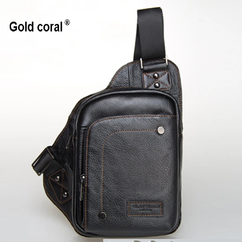 

2015 gold coral genuine leather small messenger bags for men shoulder bag chest bag male cowhide crossbody chest pack handbag