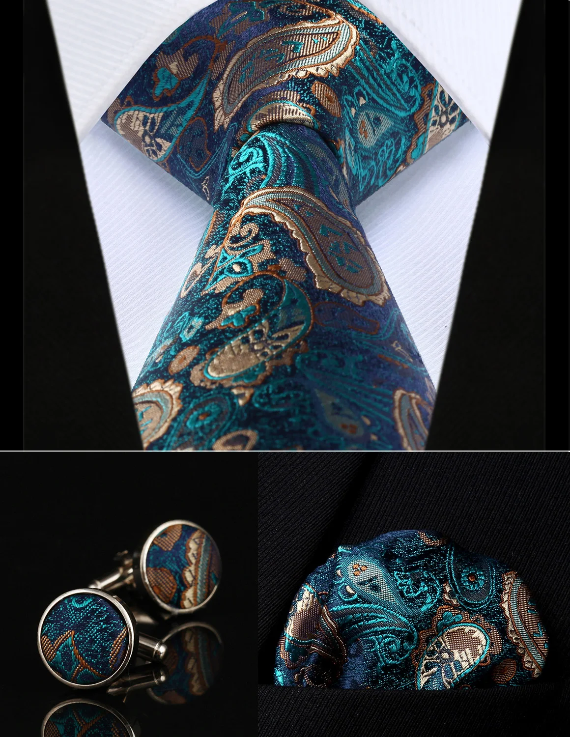 TZP15Q8S3 синий Пейсли 3,4 "Шелковый Для мужчин Галстук платок Запонки Набор вечерние свадебные классические платок галстук