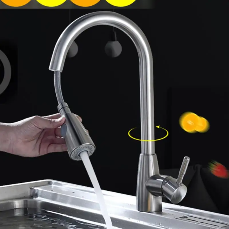 

Pull Out Mixer Spray Kitchen Faucet Swivel Stream Sink Durable Single Hole Handle Sprayer Rotation Tap Brushed Nickel