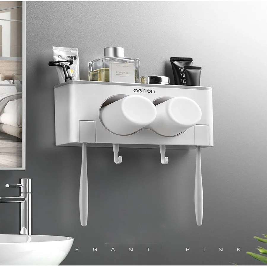 

Multi-function double cup couple toothbrush holder set nail-free seamless wall-mounted toothbrush holder wash set 2 pcs