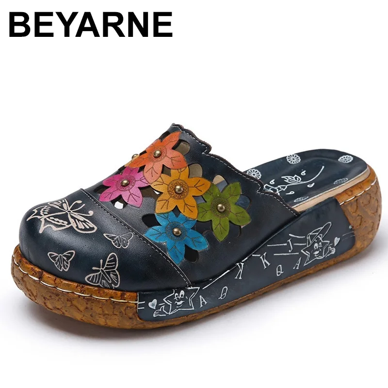 

BEYARNE Genuine Leather Shoes Flower Slippers Handmade Slides Flip Flop On The Platform Clogs For Women Woman Slippers Plus Size