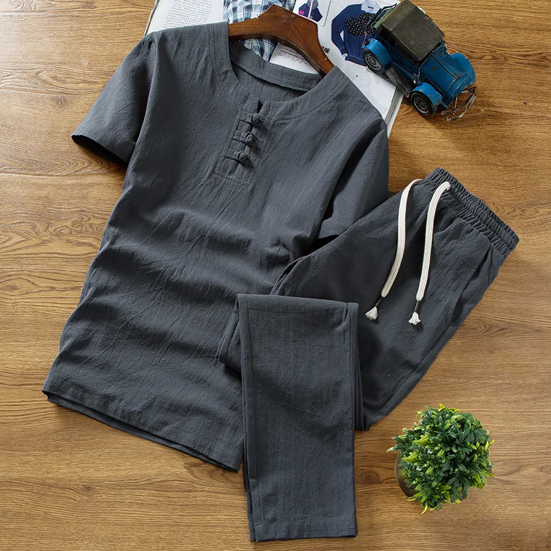 

Flax suit for young men in summer with large size and loose Chinese fashion cotton and hemp short sleeve T-shirt