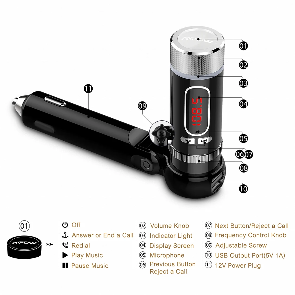 Беспроводной Bluetooth fm передатчик Mpow MBT20 встроенный Чипсет CSR Handsfree адаптер для