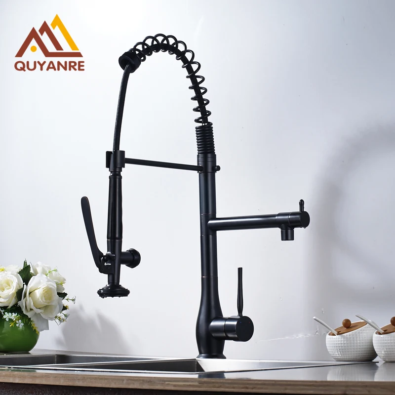 

Contemporary Blackened Fiinsh Bathroom Sink Faucet One Hole Dual Spout Kitchen Spring Mixer Taps