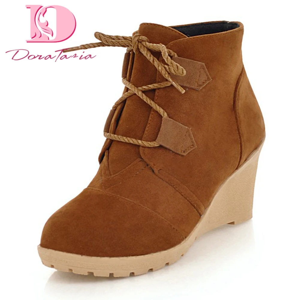 

Doratasia new Fashion plus Size 33-44 Shoes Woman Boots Wedge high Heels Lace Up Solid Ankle Boots Women Shoes snow boot