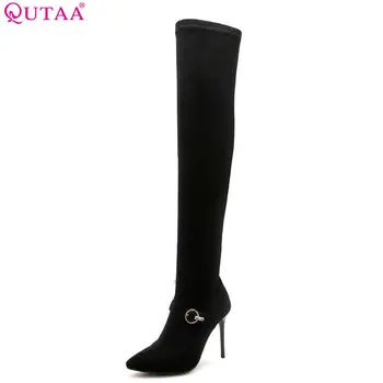 

QUTAA 2019 Women Over The Knee High Boots Thin High Heel Pointed Toe Winter Boots Fashion Sexy Women Boots Big Size 34-43