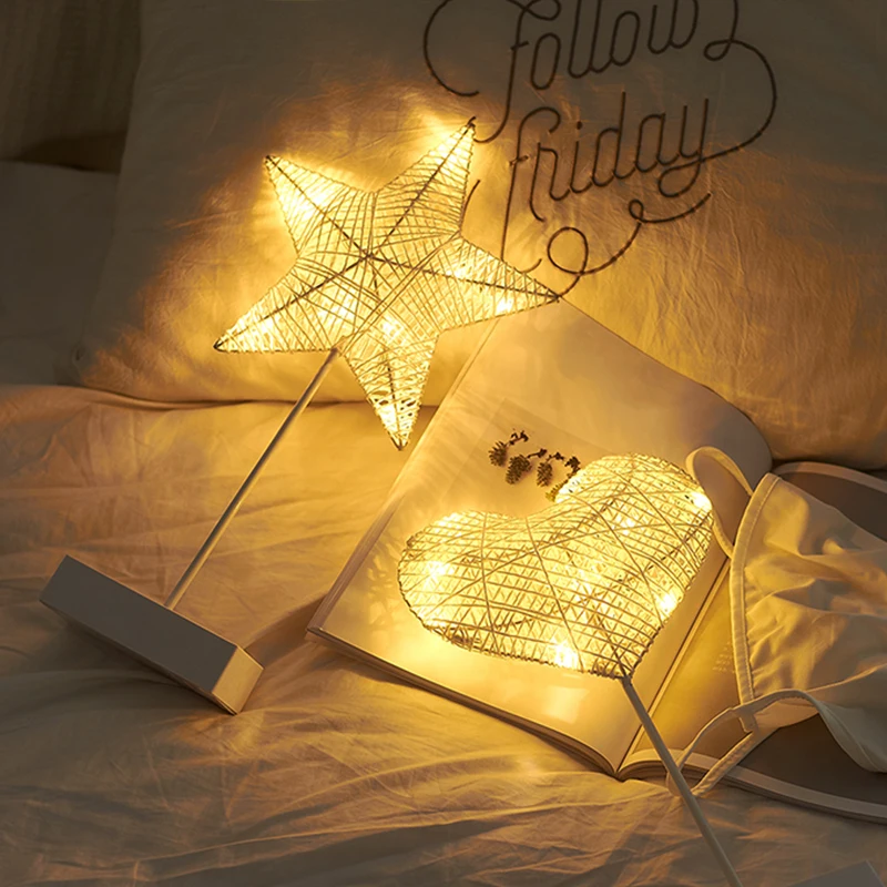 Night Light Creative LED Heart Star Tree Shape Grass Rattan Woven Battery Power Table Night Lamp Gi - 32952169412