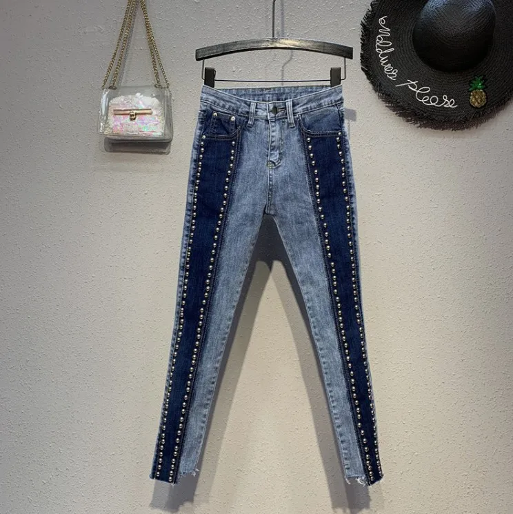 2019 новые весенние женские тяжелые джинсы с заклепками хит цвета женские Студенческие Брюки с высокой талией узкие брюки стрейч джинсовые