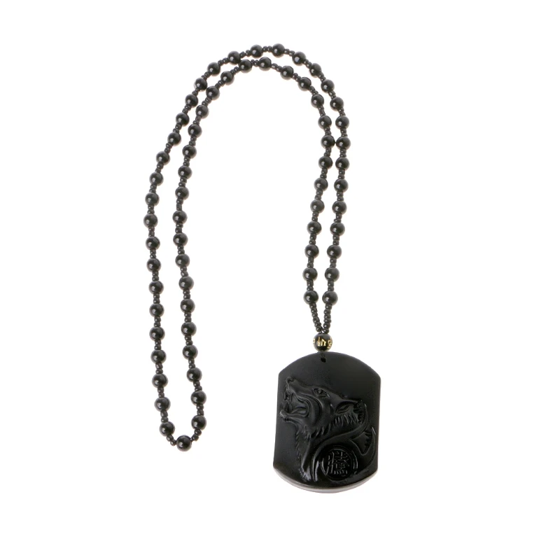 

Hand Carved Natural Genuine Obsidian Howling Wolf Head Amulet Pendant Necklace