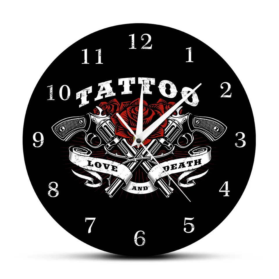 Tattoo Logo Printed Wall Clock Love And Death Rose And Tattoo Guns