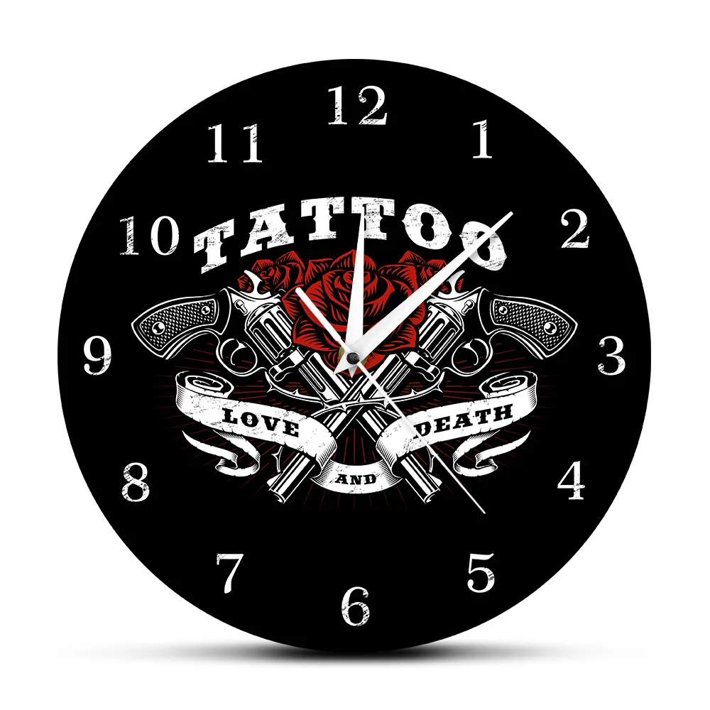 Tattoo Logo Printed Wall Clock Love And Death Rose Guns Studio Gothic Decor Art The Tattooist Gift | Дом и сад