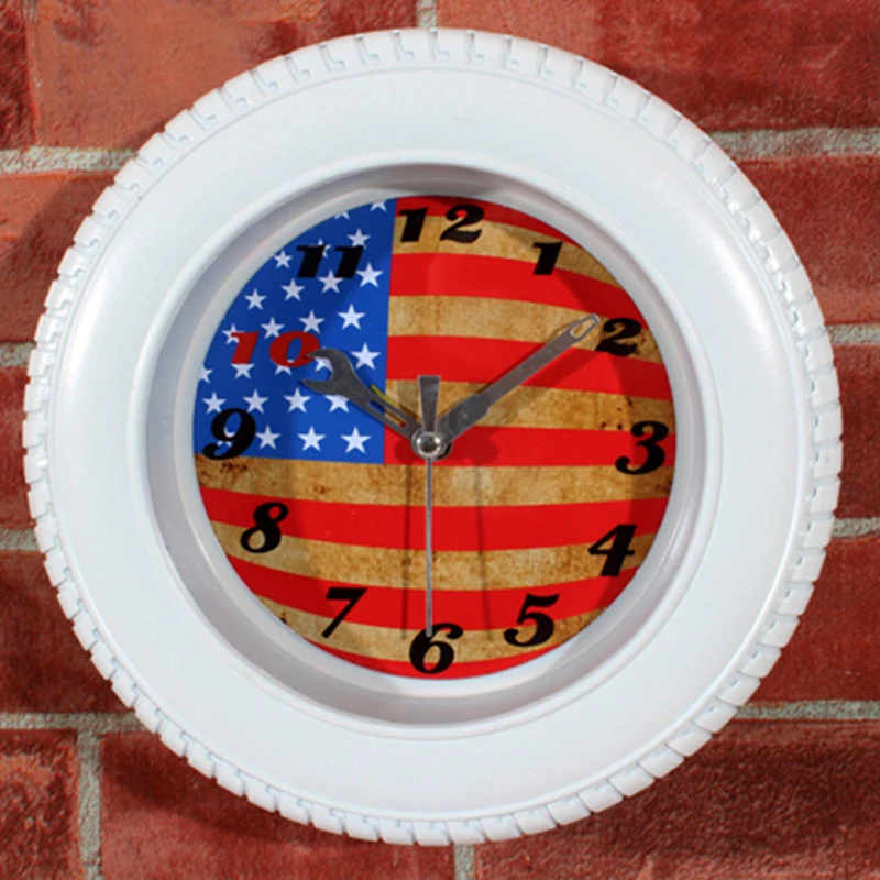Alarm Clock USA Flag Tire Shape Desk Table Bedside Stand Clock Retro