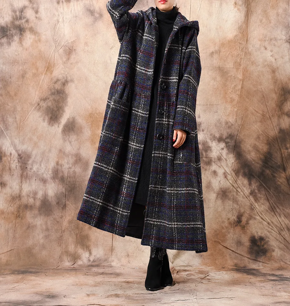 Women Winter Plaid Hooded Woollen Coat Ladies Retro Wool&Blends Vintage