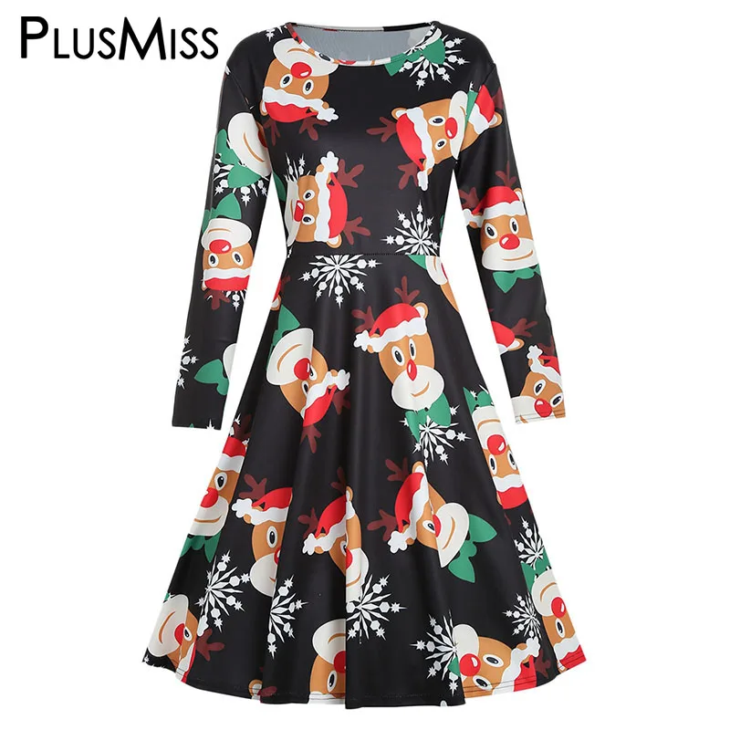 PlusMiss плюс размеры 5XL Винтаж Ретро Лось печатных для рождественской вечеринки платья женщин XXXXL XXXL XXL для трапециевидной формы с длинным