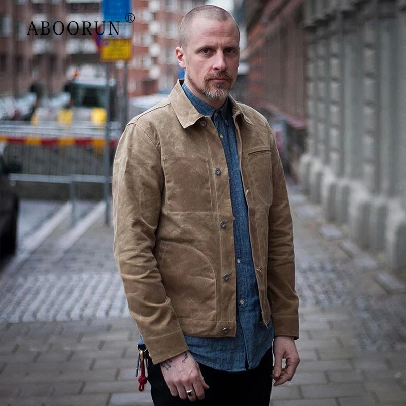 

ABOORUN Men's Waxed Canvas Cotton Jacket Military Light Spring Work Jacket Khaki R1412