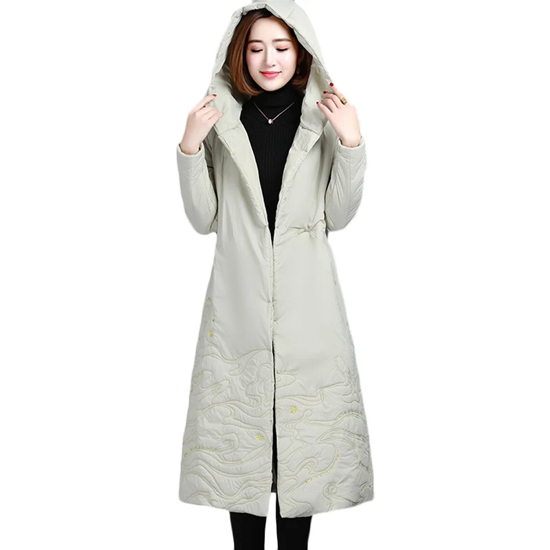 

New Winter Warm Down cotton Jacket Noble Women Hooded Embroidery long Cotton Jackets Elegant Women's Korean Casual Parkas F737
