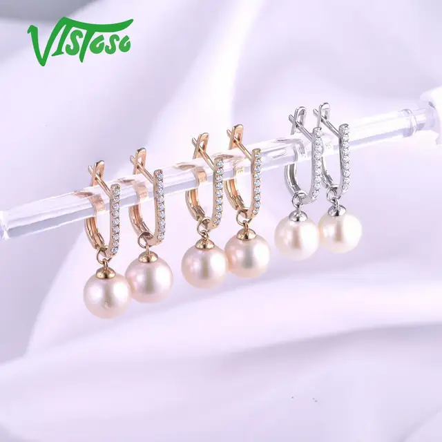14K 585 Yellow/White/Rose Gold Earrings with Pearl 4