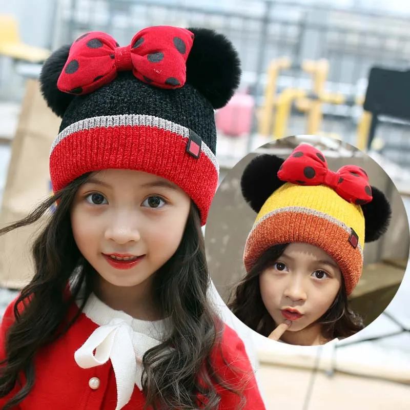 

Red Dot Big Bow Baby Girl Hat Cute Double Pompom Kids Cap Plus Velvet Knitted Warm Beanie Winter Bowknot Children Caps