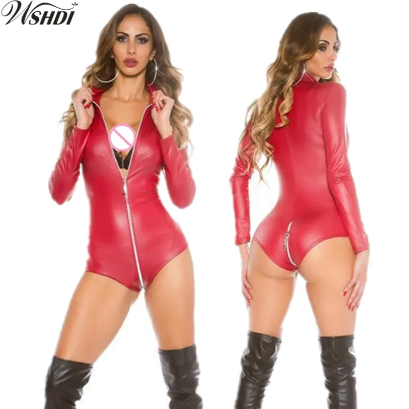 M Xxl Gothic Faux Leather Bodysuit Zipper Open Crotch Latex Wetlook Catsuit Leotard Pole Dance 