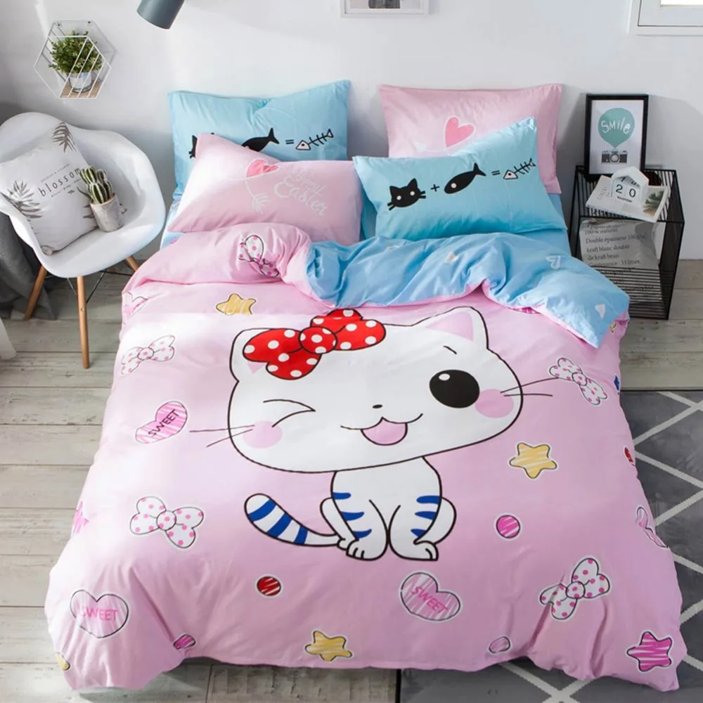 

2019 Cat Pink Girl Cartoon Print Cotton Duvet Cover Set Twin Full Queen Bedding Set Flat Sheet/Fitted Sheet Pillow Cases
