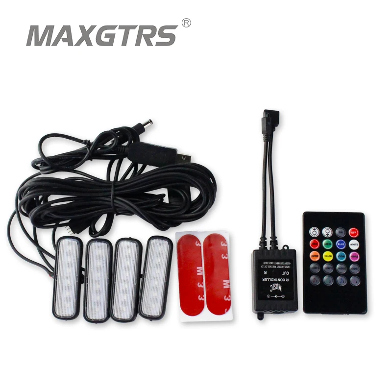 

4x USB New Car Interior Atmosphere Neon Light LED Multi Color RGB Voice Sensor Sound Music Decor Lamp Wireless Remote Control